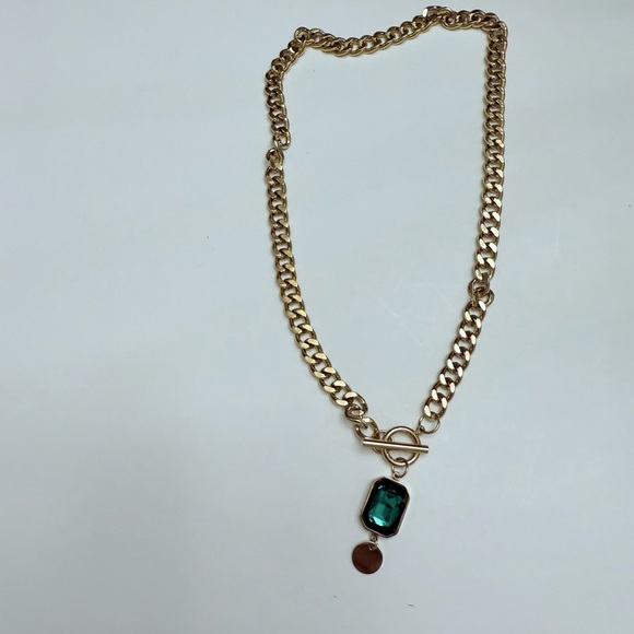 Gold Plated Stainless Steel Toggle Chain Necklace with Emerald Green Pendant